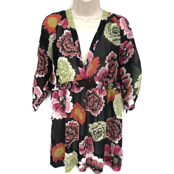 Cabi Womens Black Multi Colored Sheer Deep V Neck Floral Print Blouse M - Picture 1 of 6
